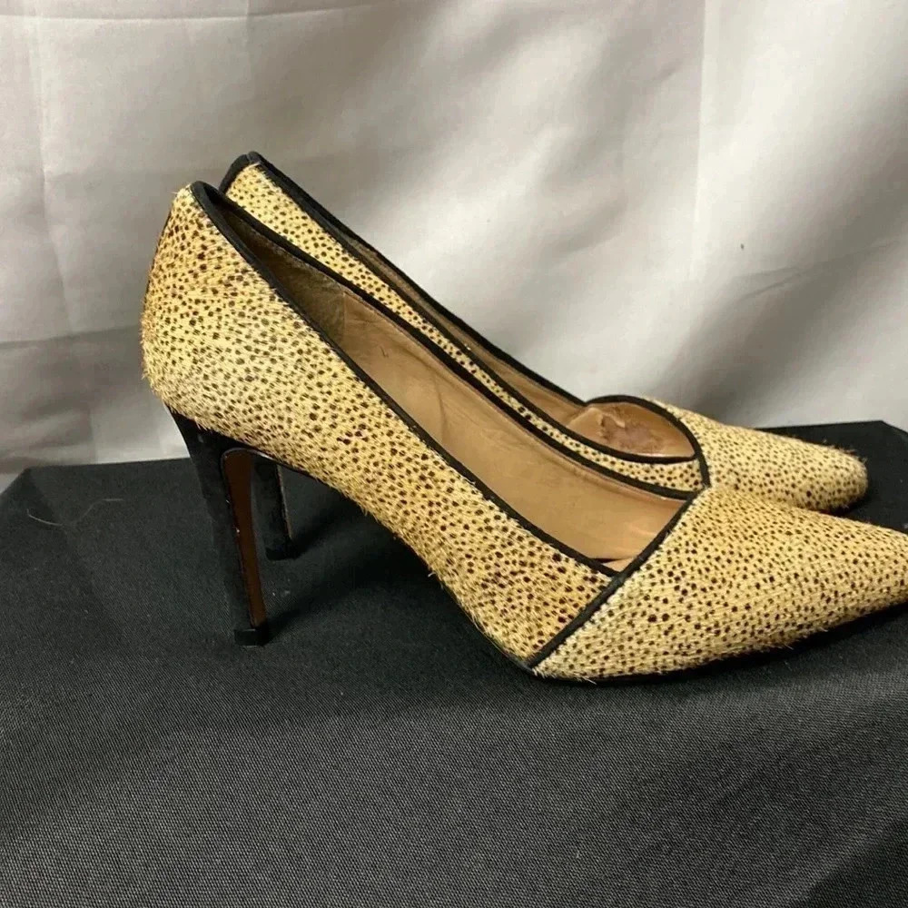 ANTONIO MELANI WO SIZE 7 TAN FUR BLACK DOTTED ANIMAL PRINT LEATHER UPPER - Picture 4 of 14
